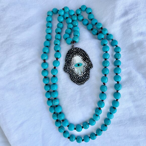 Turquoise Beaded Necklace With Hamsa, Evil-Eye Charm - Picture 1 of 4